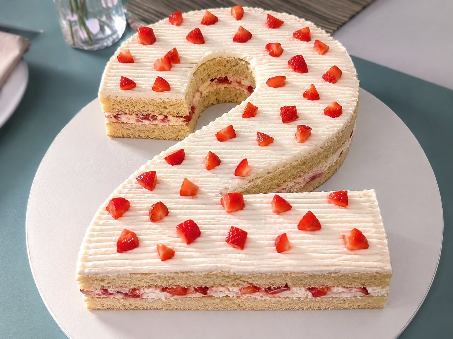 Number cake en forme de chiffre 2 garni de crème vanille et de morceaux de fraise