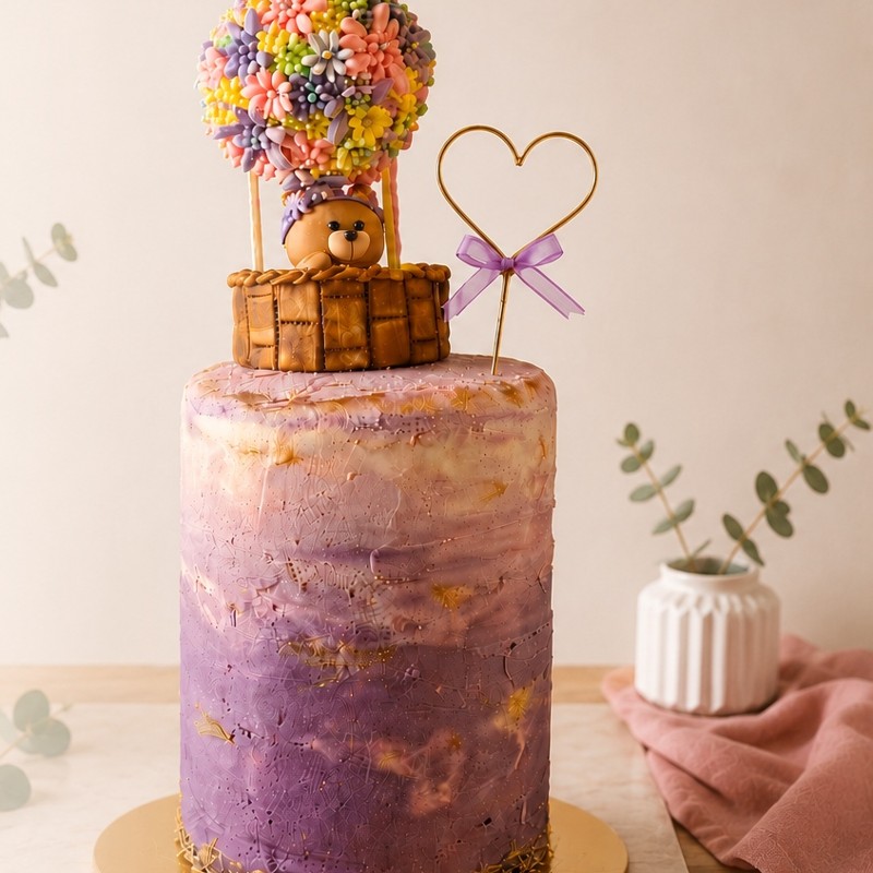 Gâteau baby shower pastel décoré d’un ourson et d’une montgolfière
